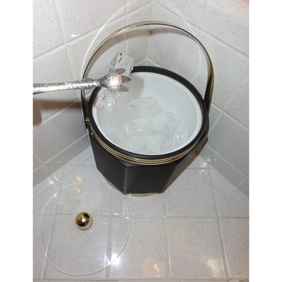 Vintage Preferred Stock Black Octagonal Ice Bucket w/ Gold Trim tongs mcm 1970s - Picture 3 of 9